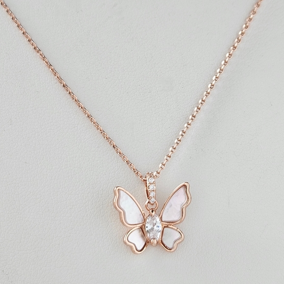 Rose Gold Butterfly Necklace with pink Mother of Pearl, Charmed Aroma - Picture 4 of 8